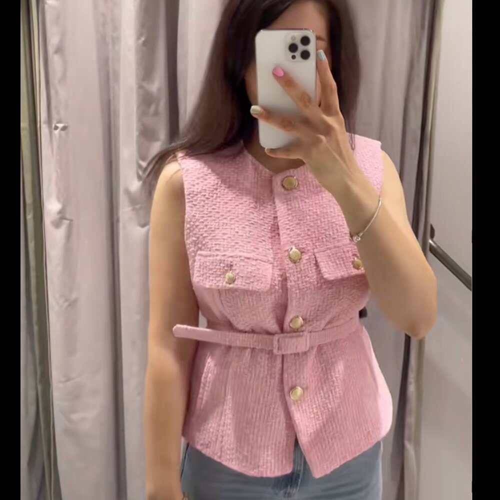 Zara Women Textured STRUCTURED BELTED VEST Pink M NWT - Picture 2 of 14